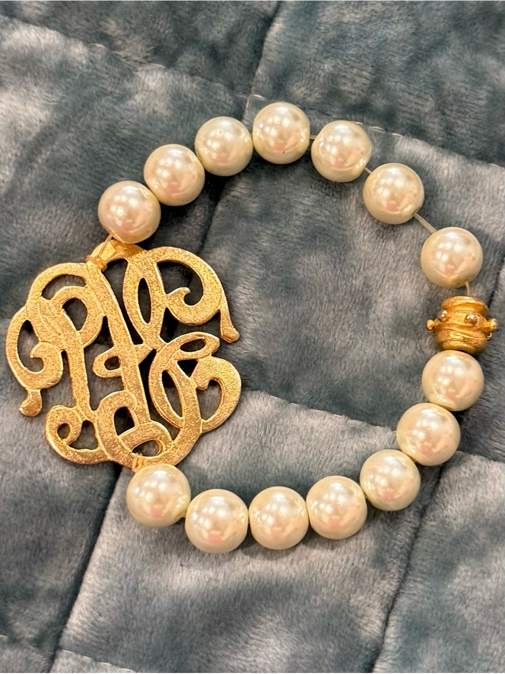 Gold Monogram Faux Pearl Statement Bracelet Large Script Initial Preppy